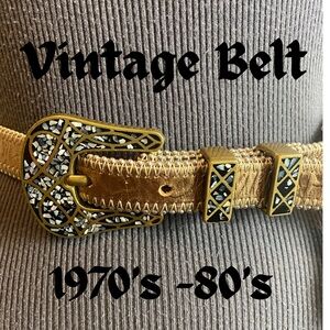 Vintage women’s belt, 1970’s-80’s, metallic bronze leather w/ abalone inlay, sm